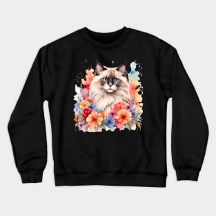 A ragdoll cat decorated with beautiful watercolor flowers Crewneck Sweatshirt